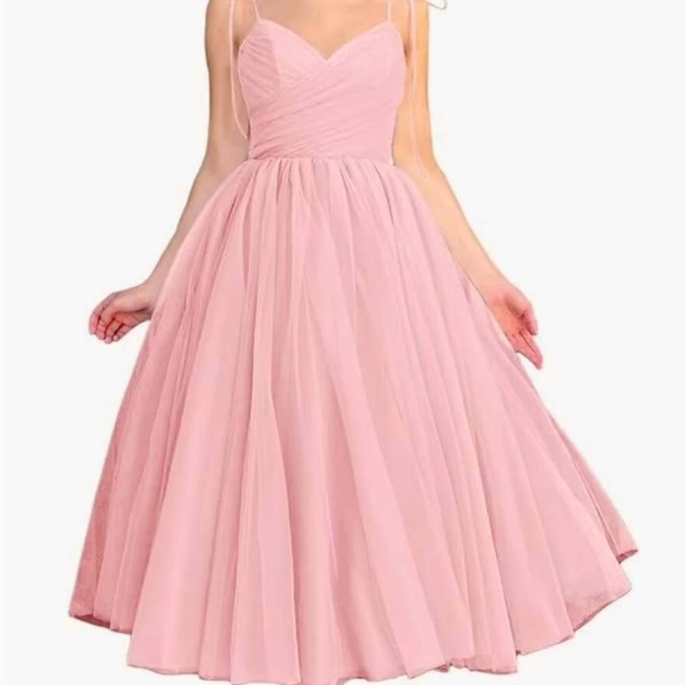 (New) Rouge pink tea length tulle dress. Formal evening party gown or ball.